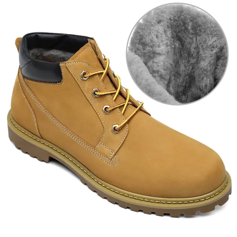 Height Increasing Boots For Men - Fur lining Yellow-Brown Nubuck Hiking Boots 6CM / 2.36 Inches
