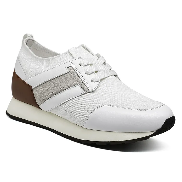 Men's Elevator Sneakers - White Cowhide Leather Casual Height Increasing Sports Shoes 6CM / 2.36 Inches