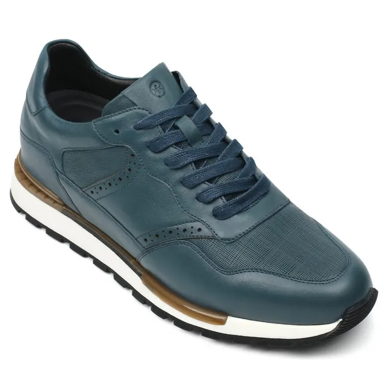 Men's Elevator Sneakers - Blue Leather Men's Shoes With Higher Heels 2.76 Inches / 7 CM