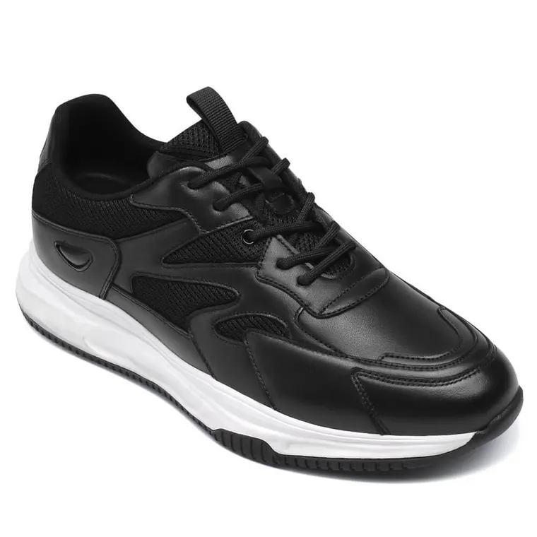 Black Cowhide Leather Elevator Shoes For Men - Sneakers That Make You Taller 2.76 Inches / 7 CM
