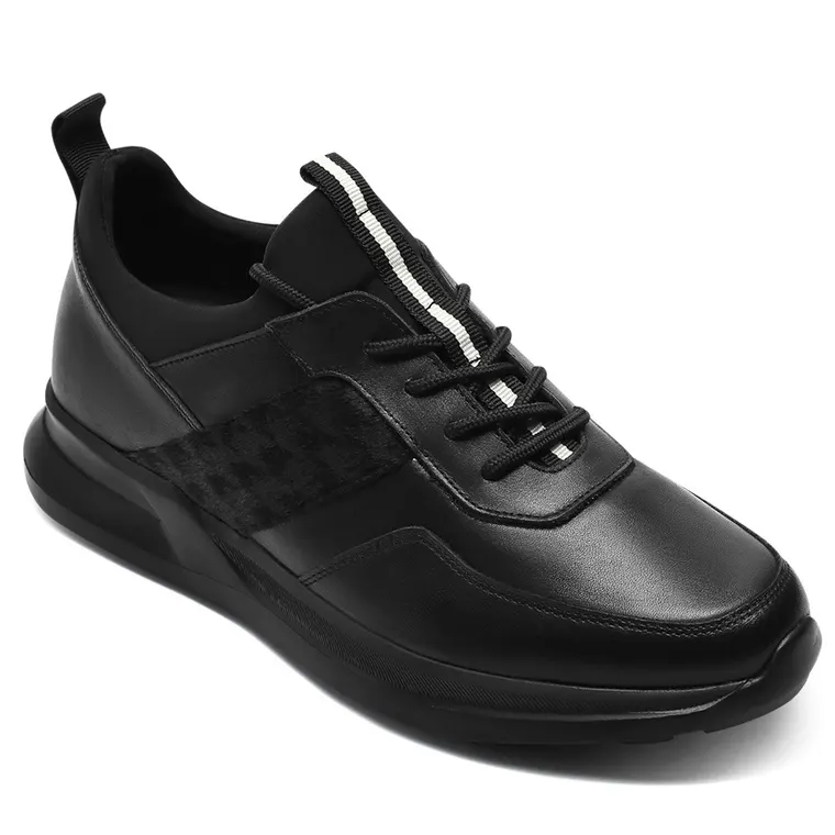 Men's Shoes With Higher Heels - Black Cowhide Leather Height Increasing Sneakers 2.76 Inches / 7 CM