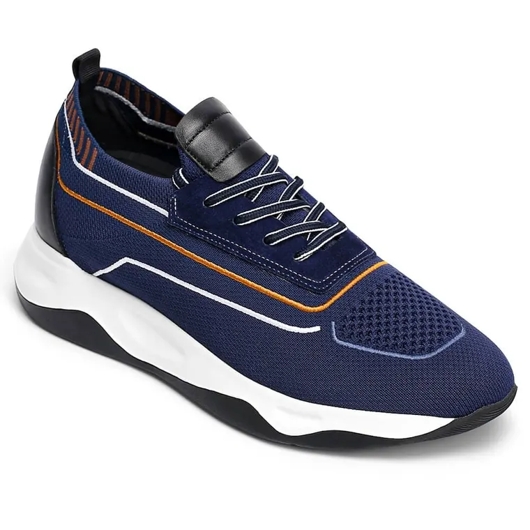 Men's Shoes With Higher Heels - Blue Knit Casual Elevator Sneakers 2.76 Inches / 7CM