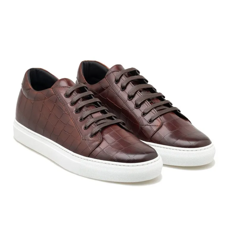 Handcrafted Height Increasing Trainer - Brown Crocodile embossed Leather Sneakers 2.76 Inches