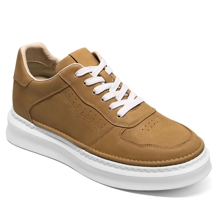 Men's Shoes With Higher Heels - Yellow Oil-Waxed Leather Casual Sneakers 7CM / 2.76 Inches