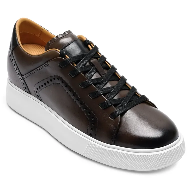 Men's Invisible Height Increase Shoes - Grey Leather Casual Elevator Shoes 7CM / 2.76 Inches