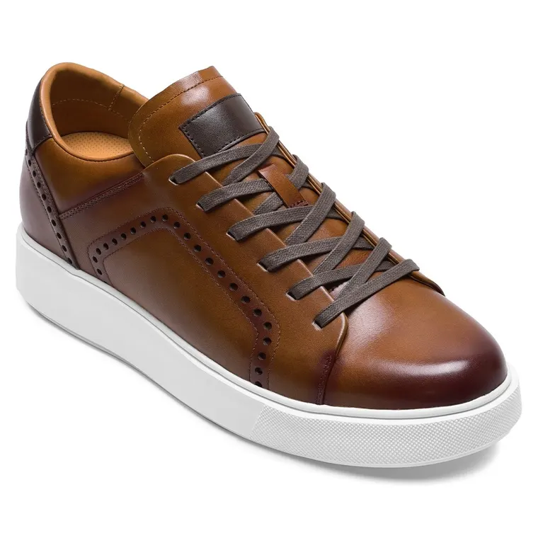 Handcrafted Elevator Sneakers for Men | Light Brown Brogue Sneakers 7CM / 2.76 Inches