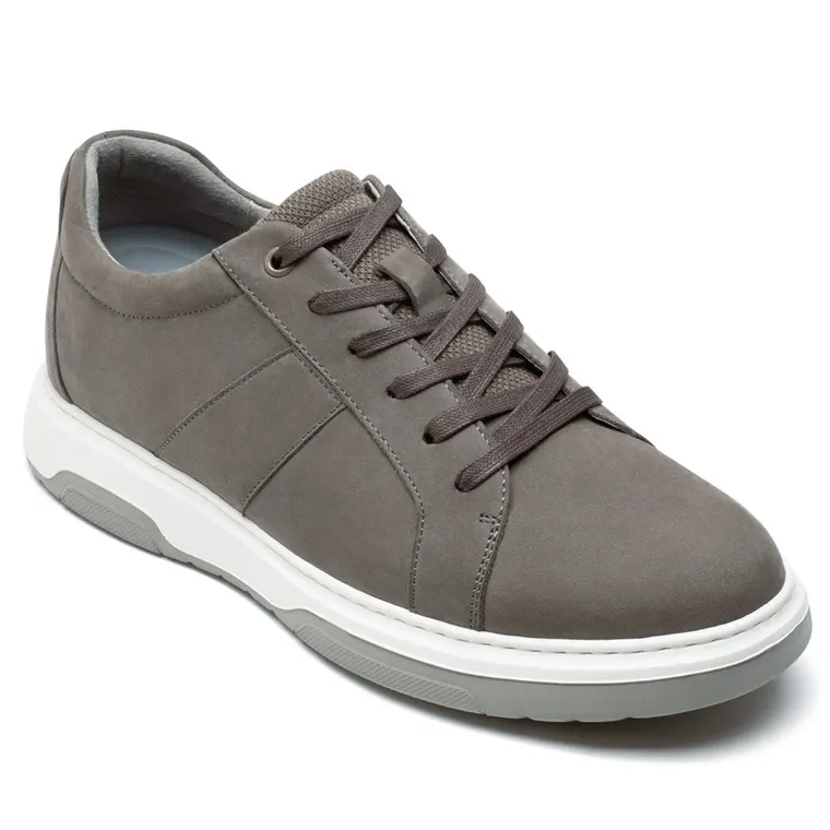 height increasing sneakers - gray nubuck leather men's height increasing casual shoes 7CM / 2.76 Inches