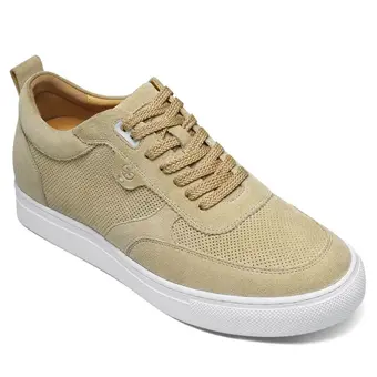 Men's Casual Height Increasing Shoes - Light Yellow Breathable Leather Shoes That Make You 1.95 Inches / 5 CM Taller