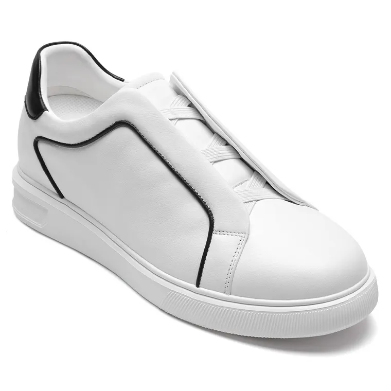 Men's heel height sneakers | White Slip on Triple Stitch Leather Sneakers 7 CM / 2.76 Inches
