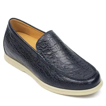 Height Increasing Casual Shoes - Blue Embossed Sheepskin Men's Slip-On Loafers 1.95 Inches / 5 CM