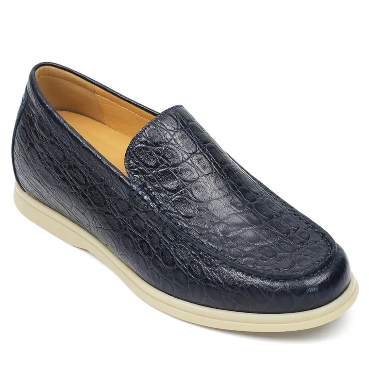 Height Increasing Casual Shoes - Blue Embossed Sheepskin Men's Slip-On Loafers 1.95 Inches / 5 CM