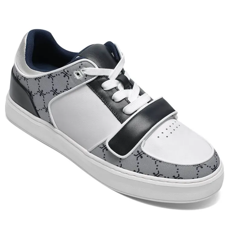 Casual Elevator Shoes For Men - White Leather &amp; Grey Printed Cloth Height Increasing Shoes 2.36 Inches / 6 CM