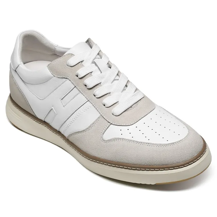 Elevator Sports Shoes For Men - Off White Leather Height Increasing Shoes 2.36 Inches / 6CM