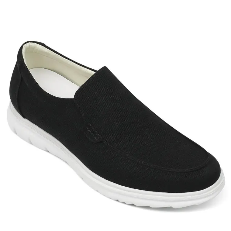 Height Increasing Shoes For Men - Black Canvas Casual Slip-On Elevator Loafers 1.95 Inches / 5 CM