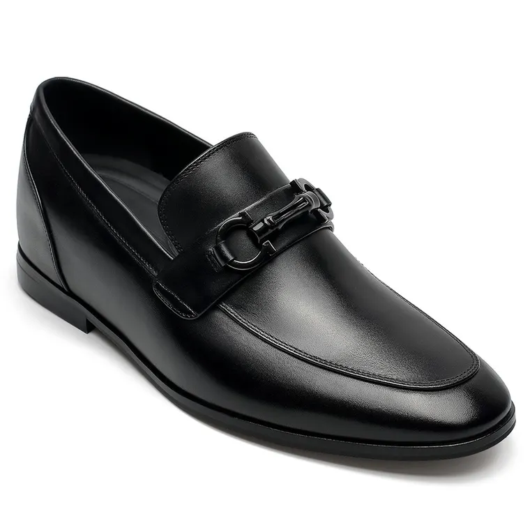 Casual Height Increasing Shoes - Hidden High Heel Shoes For Men - Black Calfskin Slip-On Loafers 2.36 Inches / 6 CM