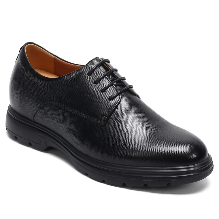 Men's Elevator Dress Shoes - Black Toothpick Pattern Cowhide Business Shoes 6CM / 2.36 Inches