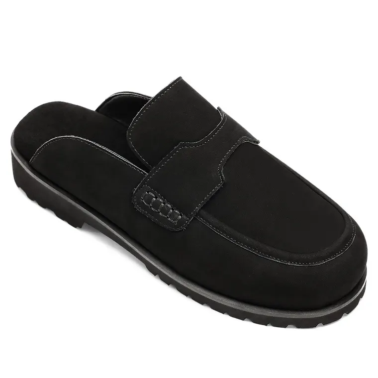 Elevator Slippers For Men - Black Nubuck Leather Casual Slippers 4CM / 1.57 Inches