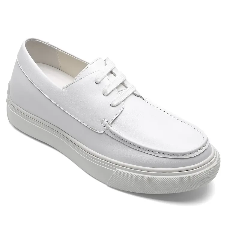 Tall Men Shoes - White Leather Casual Platform Shoes 6CM / 2.36 Inches