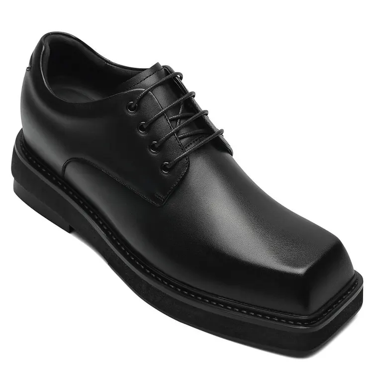 Height Increasing Elevator Dress Shoes for Men - Black Leather Square Toe Derby Shoes 9 CM / 3.54 Inches
