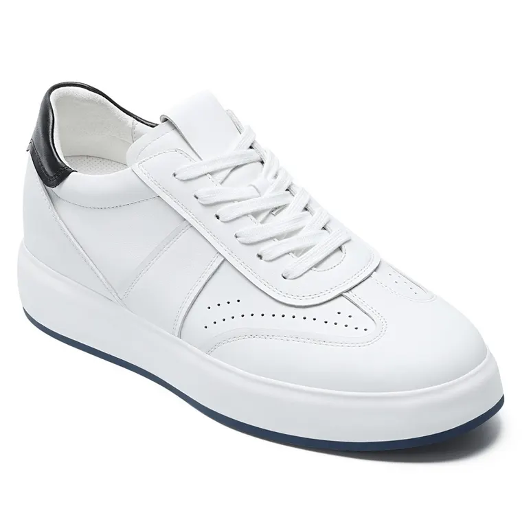 Wide Fit Elevator Sneakers | White Leather Wide Width Shoes that add Height 7CM / 2.76 Inches