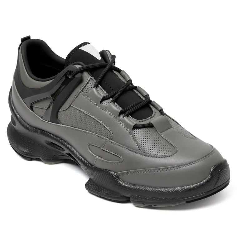 Elevator Sneakers For Men - Gray Leather Hidden High Heel Shoes 7CM / 2.76 Inches
