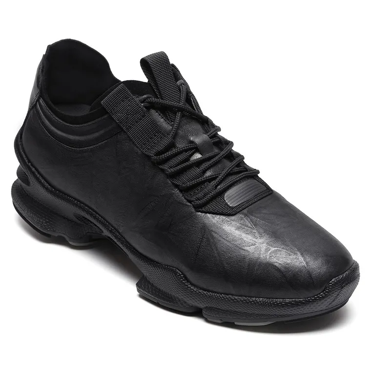 Men's Raised Heel Shoes | Black Leather Casual Elevator Sneakers 7CM / 2.76 Inches