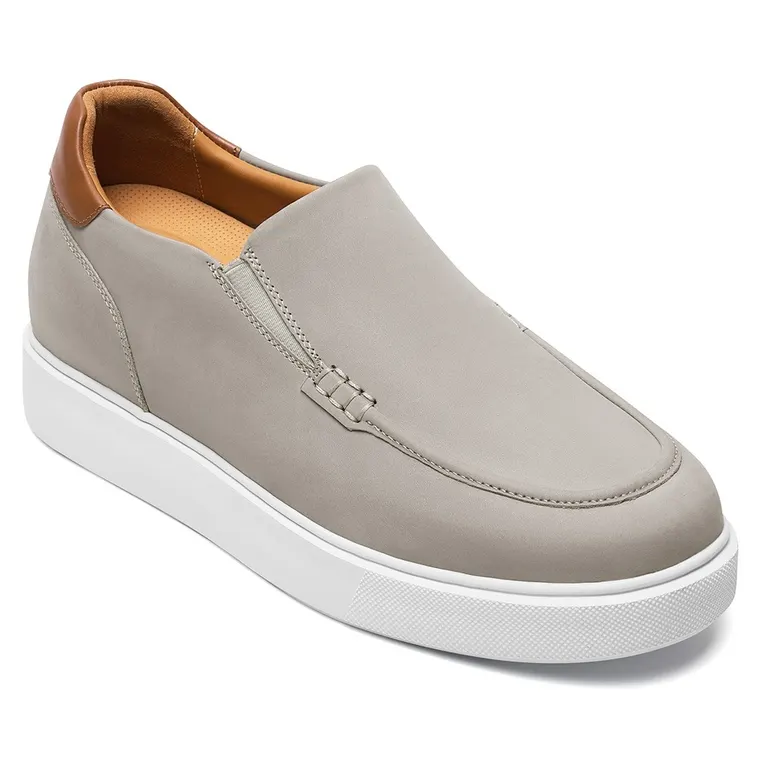 Elevator Sneakers For Men | Grey Nubuck Leather Slip-on Loafers 7 CM / 2.76 Inches