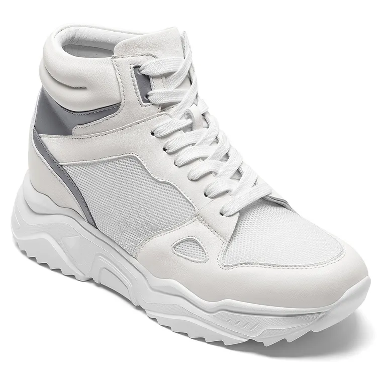 High Top Elevator Shoes for Men | White Leather Height Increasing Sneakers 8CM / 3.15 Inches
