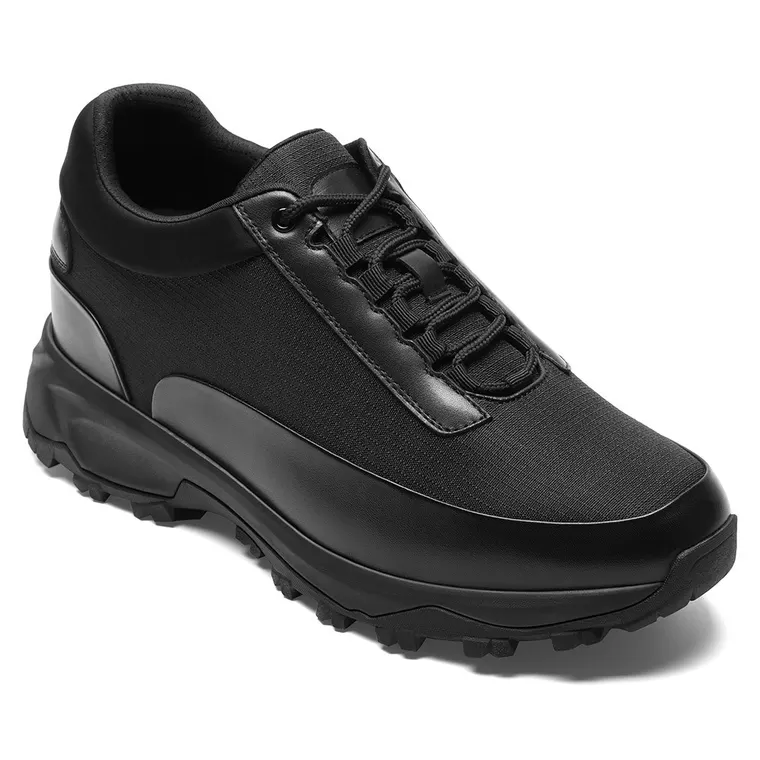 Mens Shoes That Make You Taller | Black Leather Rugged Outdoor Trainers 9 CM / 3.54 Inches