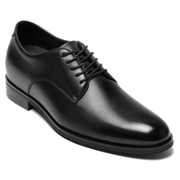 Mens Raised Shoes | Black Leather Plain Toe Derby Shoes 7 CM / 2.76 Inches