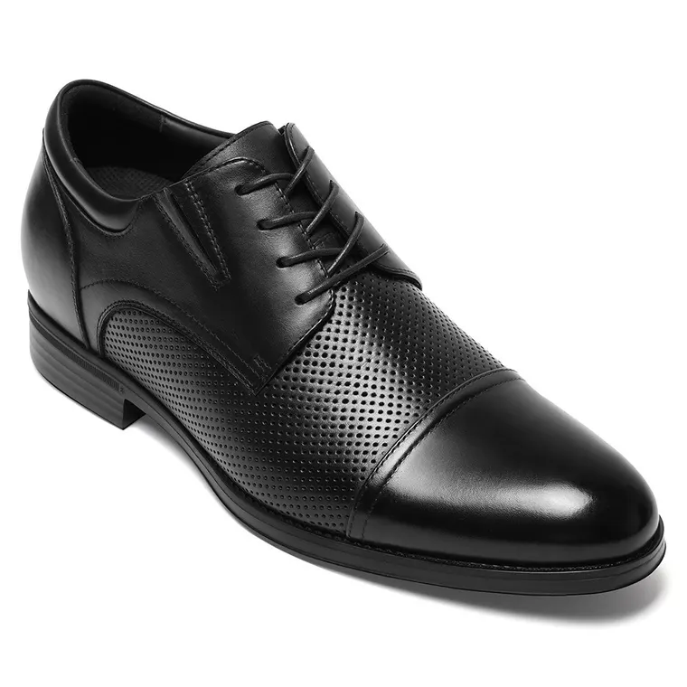 Men height increasing shoes | Black Leather Cap-Toe Derby Shoes 7 CM / 2.76 Inches