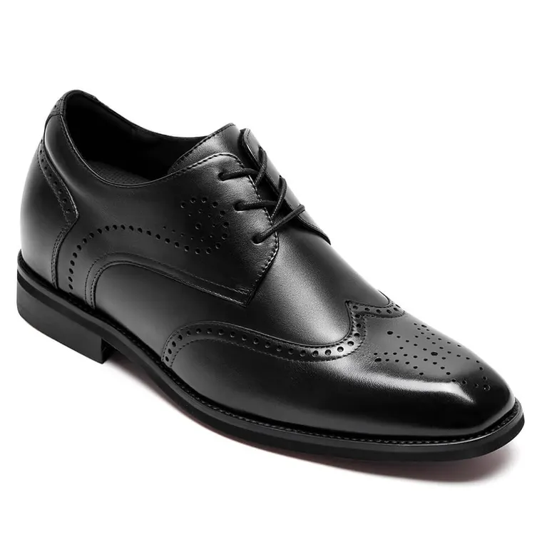 Men's Height Increasing Formal Shoes - Black Leather Wingtip Brogue Derby Shoes 7CM / 2.76 Inches