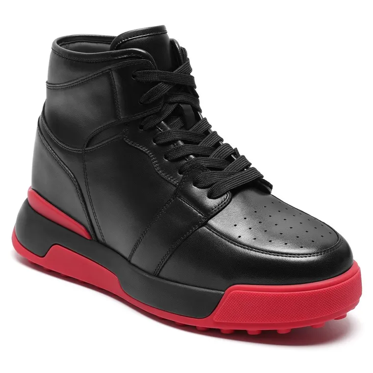 Men's Invisible Height Increasing Shoes | Black Leather High-top Sneakers 10CM / 3.94 Inches