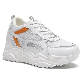 Elevator Sneakers For Women - Hidden High Heel Shoes - White Mesh Sneakers With Orange Accents 3.94 Inches / 10 CM