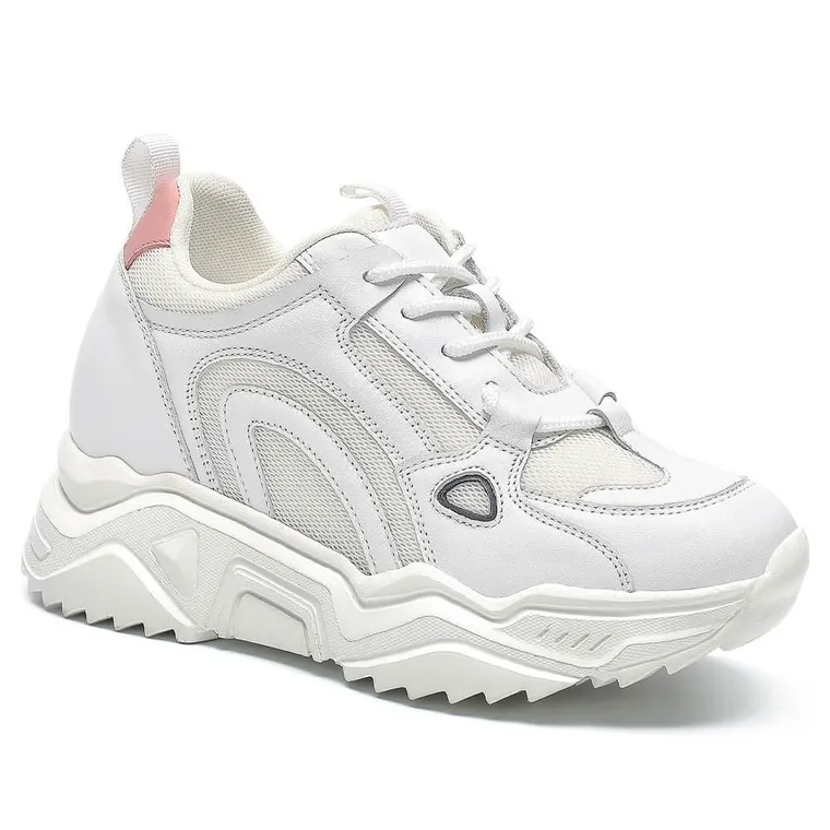 Elevator Sneakers For Women - White Breathable Cowhide Leather &amp; Mesh Raised Heel Shoes 3.15 Inches / 8 CM