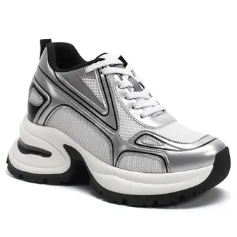 Chunky Sneakers For Women - Silver Leather Elevator Shoes 10CM / 3.94 Inches