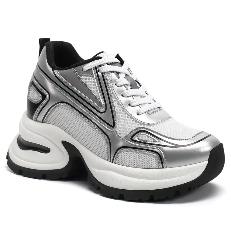 Chunky Sneakers For Women - Silver Leather Elevator Shoes 10CM / 3.94 Inches