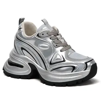 Women's Height Increasing Shoes - Silver Microfiber Platform Sneakers 10CM / 3.94 Inches