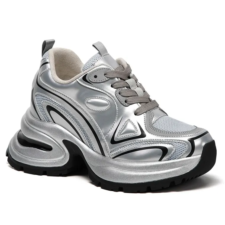 Women's Height Increasing Shoes - Silver Microfiber Platform Sneakers 10CM / 3.94 Inches