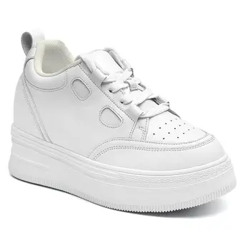 Elevator Shoes For Women - White Leather Platform Shoes Women 3.94 Inches / 10 CM