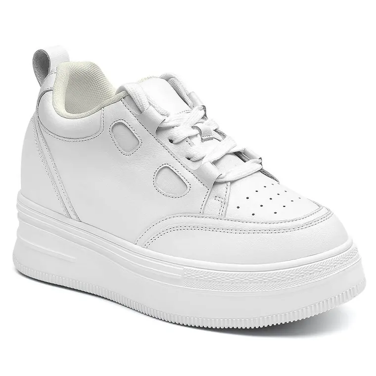 Elevator Shoes For Women - White Leather Platform Shoes Women 3.94 Inches / 10 CM