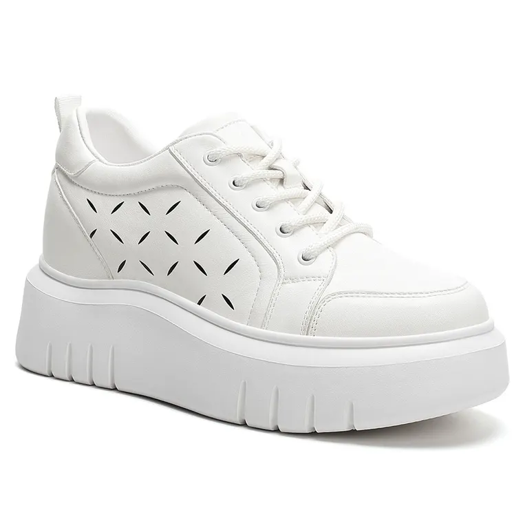 Elevator Shoes For Women - White Leather Casual Platform Shoes 8CM / 3.15 Inches