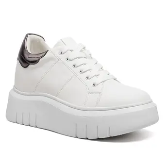 Elevator Shoes For Women - White Leather Casual Platform Sneakers 8CM / 3.15 Inches