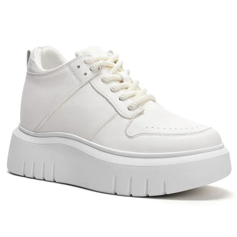 Women's Height Increasing Shoes - White Leather Casual Sports Shoes 8CM / 3.15 Inches