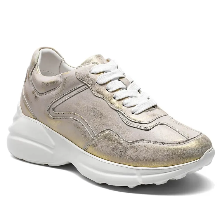 Elevator Shoes For Women - Gold Leather Casual High Heel Shoes 8CM / 3.15 Inches