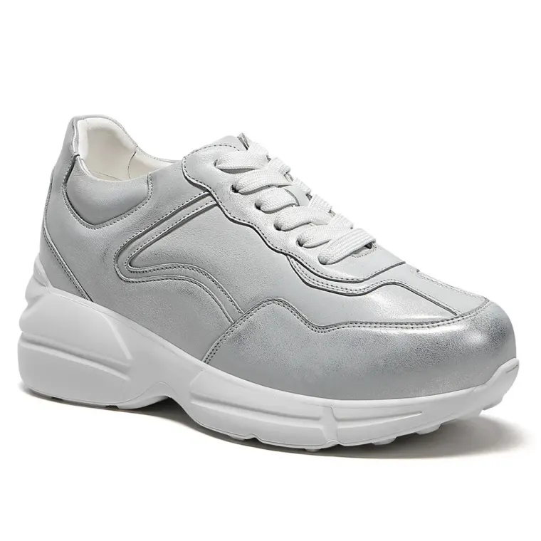 Women's Height Increasing Shoes - Silver Leather Casual Shoes 7 CM / 2.76 Inches