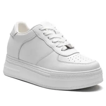 Elevator Shoes For Women - Classic White Leather Sneakers 8CM / 3.15 inches