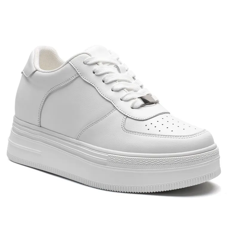 Elevator Shoes For Women - Classic White Leather Sneakers 8CM / 3.15 inches