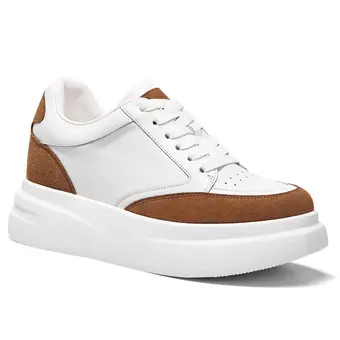 Elevator Shoes For Women - White Leather Casual Sneakers 8CM / 3.15 Inches