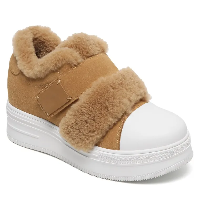 Fur Lined Women's Elevator Shoes | Brown Suede Casual Winter Shoes 8CM / 3.15 Inches